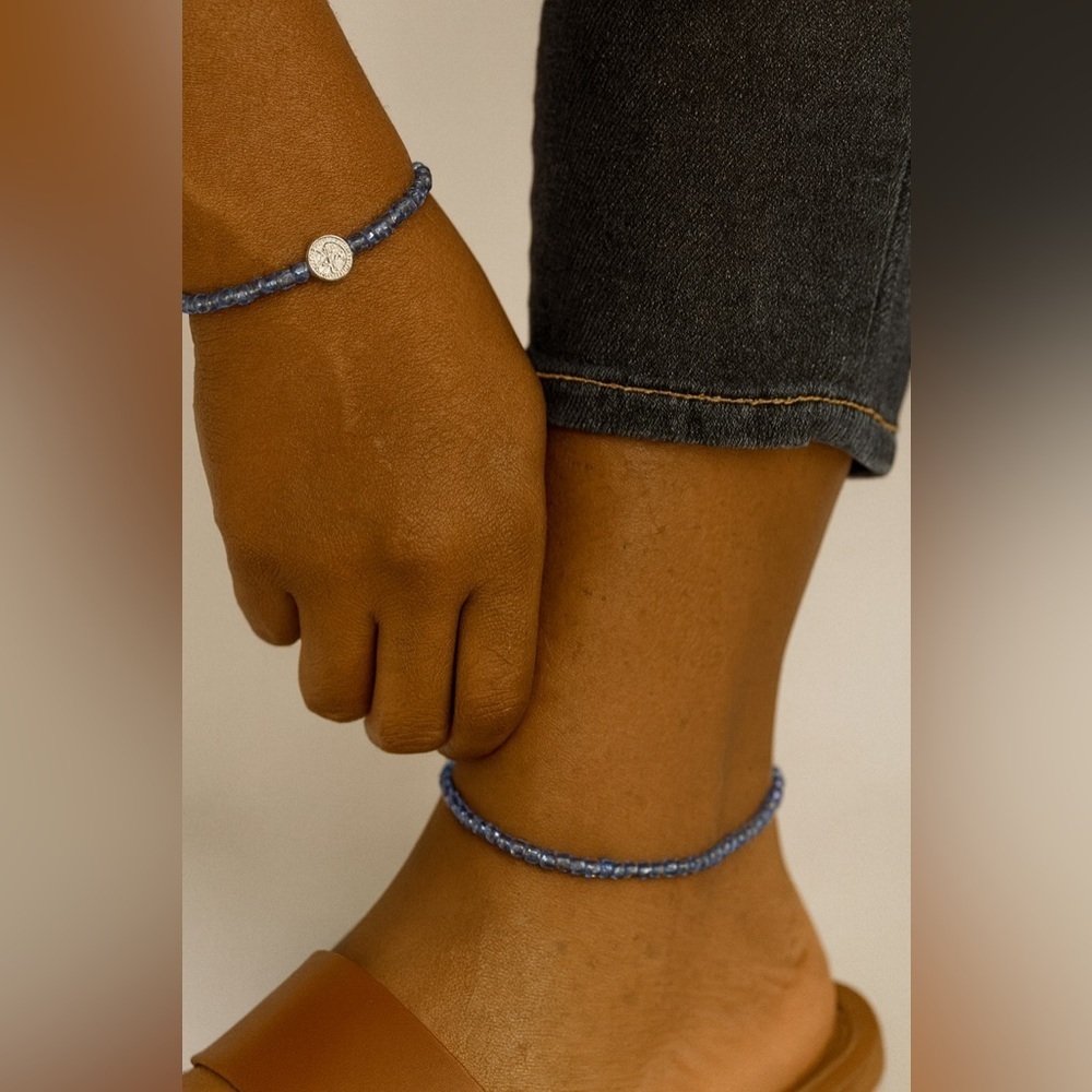 Blue Seed Bead Anklet and Bracelet Set with Saint Medal Charm